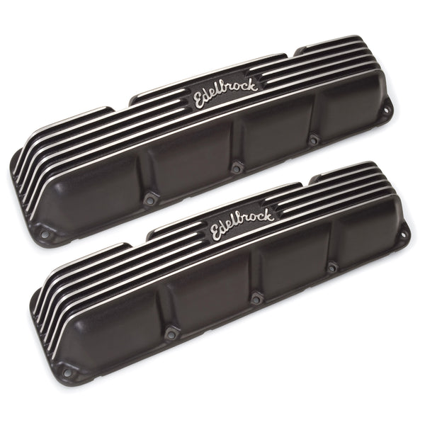 Ensemble de couvercles de soupape en aluminium moulé à ailettes classiques Edelbrock, noir froissé, fabriqué aux États-Unis, AMC V8 1966-91 (livré dans environ 1 à 2 semaines)