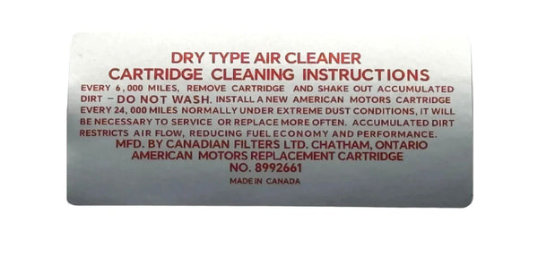 Air Cleaner Service Decal, 8992661, 1973 AMC w/V8 - FREE lower 48 ground shipping in approx. 1-2 weeks