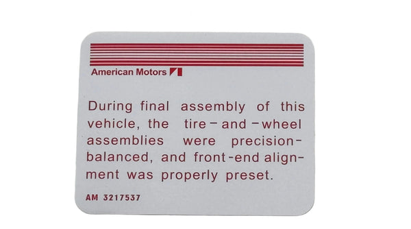Alignment Decal, 3217537, 1964-76 AMC - FREE lower 48 ground shipping in approx. 1-2 weeks