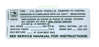 Engine Emissions Decal, V8, Automatic, P/N 3192322 - 1969 AMC AMX, Ambassador, Javelin, Rambler, Rebel, Rogue FREE lower 48 ground shipping in approx. 1-2 weeks