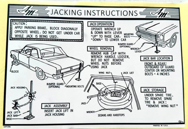 Tire Jacking Instructions Decal, 3197296, 1969 AMC Rambler, Hurst S/C Rambler, Rogue -FREE lower 48 ground shipping in approx. 1-2 weeks